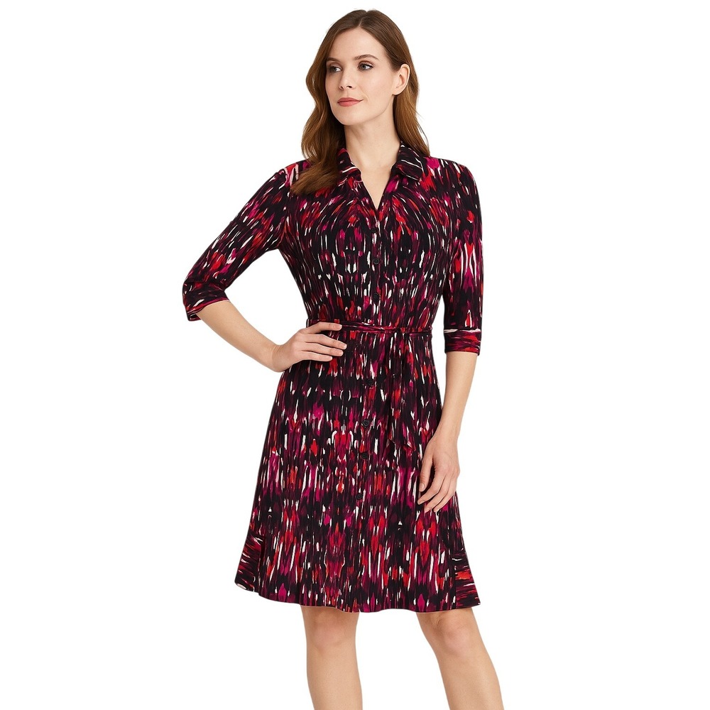Laundry By Shelli Segal Dress Navy Belted Collared Shirt Patterned Classic Chic